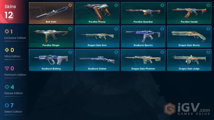 EU | 12 skins | Bolt Knife | Paceline Guardian | Paceline Frenzy | Paceline Vandal | Paceline Stinger | Dragon Gate Ares | O6962