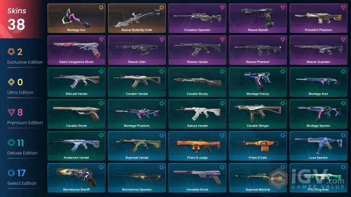 EU | 38 skins | Reaver Vandal | Montage Axe | Reaver Phantom | Prime//2.0 Phantom | Forsaken Operator | Reaver Odin | Reaver Guardian | Z1861