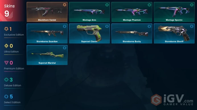 NA | 9 skins | Blackthorn Vandal | Montage Spectre | Montage Ares | Montage Phantom | Stormborne Bucky | Superset Classic | G4925
