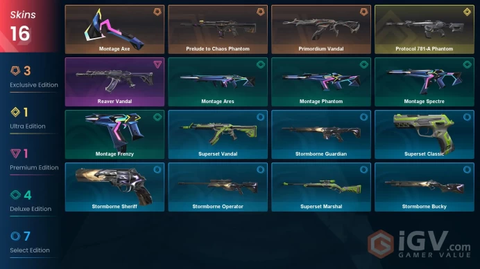 EU | 16 skins | Protocol 781-A Phantom | Prelude to Chaos Phantom | Primordium Vandal | Reaver Vandal | Montage Axe | Montage Phantom | T9566