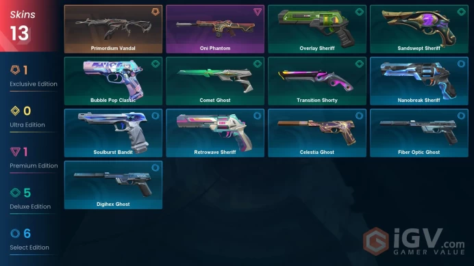 AP | 13 skins | Primordium Vandal | Oni Phantom | Bubble Pop Classic | Sandswept Sheriff | Transition Shorty | Overlay Sheriff | A2167