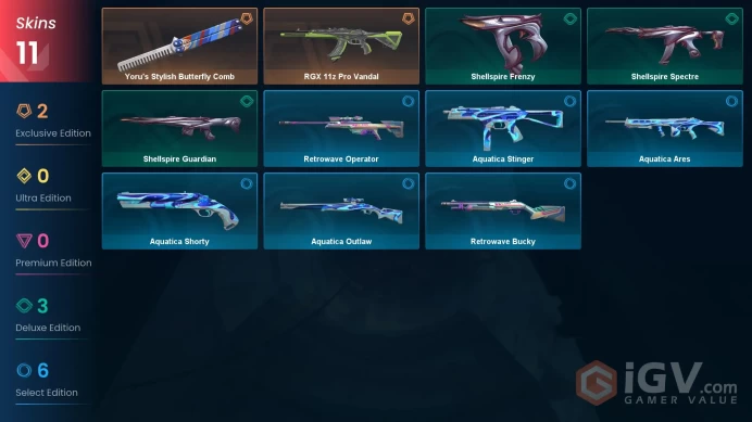 NA+11 skins+Yoru's Stylish Butterfly Comb+RGX 11z Pro Vandal+Timely delivery + full access to the email account 3.3.2