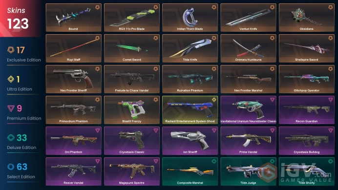 EU - LVL 135 - Unranked - 10 Knifes - 123 Skins (~51,650 VP) RGX 11z Pro Blade, Onimaru Kunitsuna, Ruination Phantom, Neo Frontier Sheriff, Prel