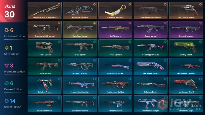 EU - LVL 57 - Unranked - 3 Knifes - 30 Skins (~29,075 VP) Elderflame Vandal, Kuronami no Yaiba, Champions 2025 Butterfly Knife, Neo Frontier She