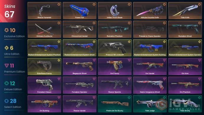 EU - LVL 95 - Unranked - 6 Knifes - 67 Skins (~64,150 VP) Radiant Entertainment System Collection, Reaver Karambit, Power Fist, Altitude Knuckle