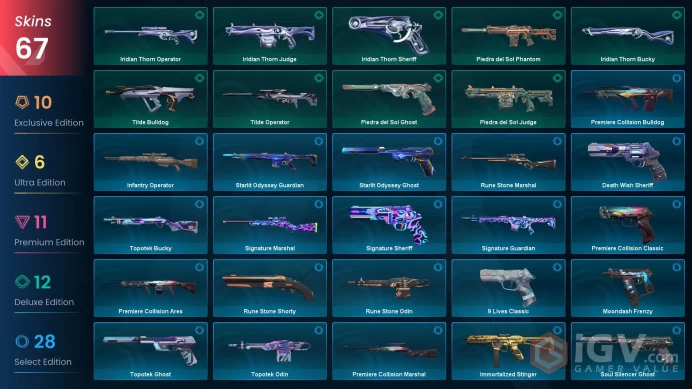 EU - LVL 95 - Unranked - 6 Knifes - 67 Skins (~64,150 VP) Radiant Entertainment System Collection, Reaver Karambit, Power Fist, Altitude Knuckle