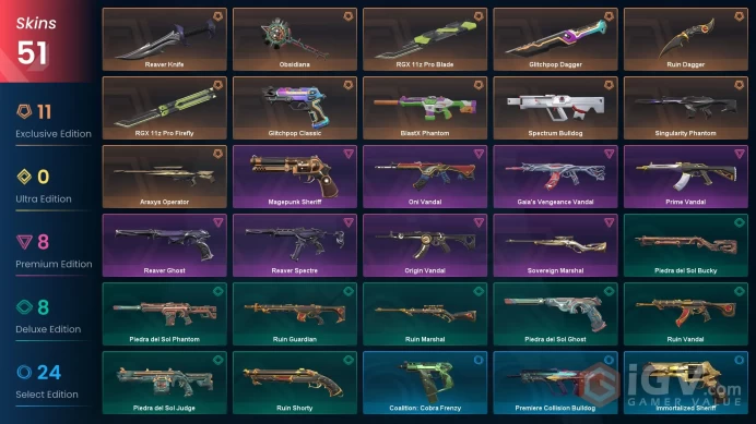 AP - LVL 145 - Unranked - 6 Knifes - 51 Skins (~42,175 VP) Araxys Operator, Singularity Phantom, Reaver Knife, Ruin Dagger, RGX 11z Pro Blade, R