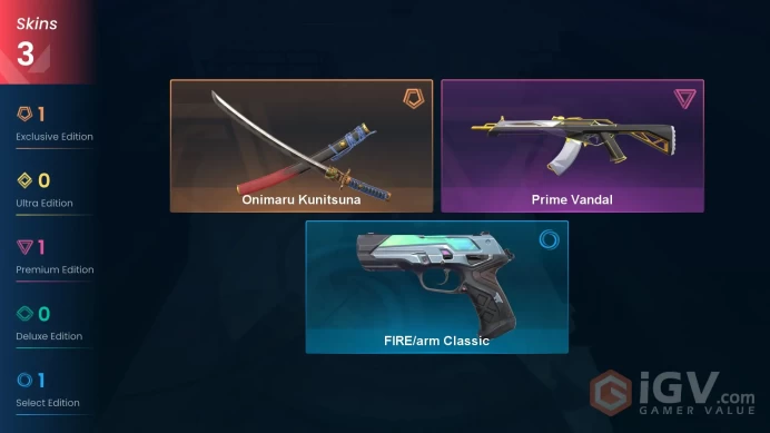 EU - LVL 88 - Unranked - 1 Knife - 3 Skins (~7,125 VP) Onimaru Kunitsuna, Prime Vandal