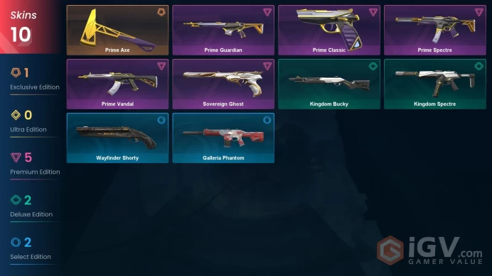 EU - LVL 1 - Unrated - 1 Knife - 10 Skins (~13,300 VP) Prime Axe, Prime Vandal, Sovereign Ghost, Prime Spectre, Prime Classic, Prime Guardian
