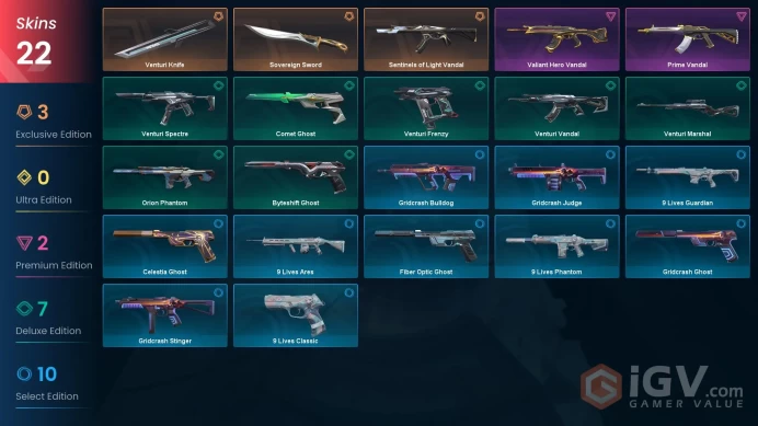 EU - LVL 125 - Unranked - 2 Knifes - 22 Skins (~10,550 VP) Venturi Knife, Sentinels of Light Vandal, Sovereign Sword, Valiant Hero Vandal, Prime