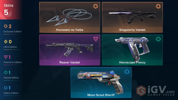 EU - LVL 23 - Unranked - 1 Knife - 5 Skins (~9,300 VP) Kuronami no Yaiba, Singularity Vandal, Reaver Vandal