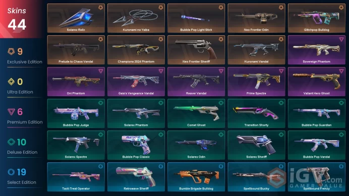 EU - LVL 171 - Unranked - 3 Knifes - 44 Skins (~29,750 VP) Prelude to Chaos Vandal, Kuronami no Yaiba, Champions 2024 Phantom, Solarex Relic, Ne