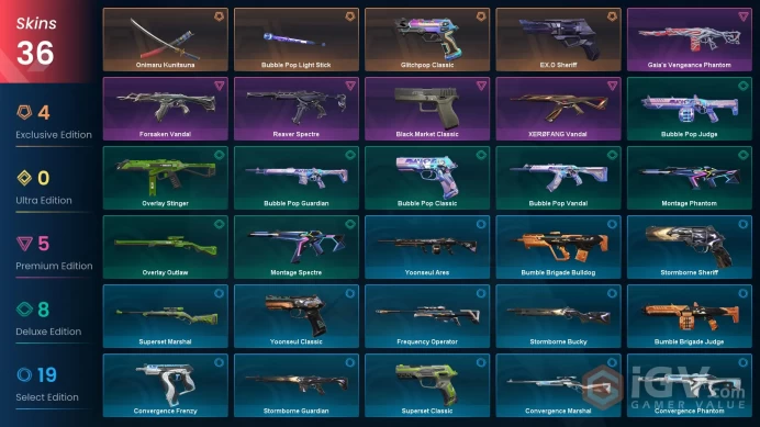 NA - LVL 41 - Unranked - 2 Knifes - 36 Skins (~18,775 VP) EX.O Sheriff, Onimaru Kunitsuna, XEROFANG Vandal, Gaia's Vengeance Phantom