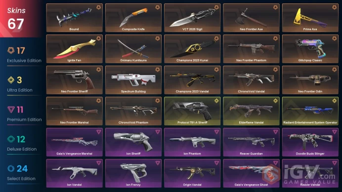 EU/TR| Ignite Fan, Champions 2023 Bundle, Neo Frontier Bundle, Onimaru Kunitsuna, Reaver Vandal, Ion Vandal, Elderflame Vandal, Protocol Sheriff