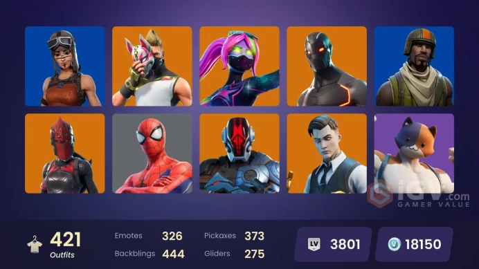 [PC/PSN/XBOX] 419 skins | 18150 VBUCKS! |Dluexe STW | Renegade Raider | Aerial Assault Trooper | Lara Croft | Tidy | Orange Justice | Verve 