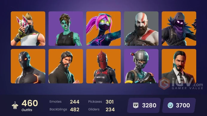 FA / 450 SKINS / THE REAPER / LEVIATHAN AXE / BLUE SQUIRE / ROYALE KNIGHT / ASTRO JACK / GOLD KRATOS / OMEGA (STAGE 5) / OG STW