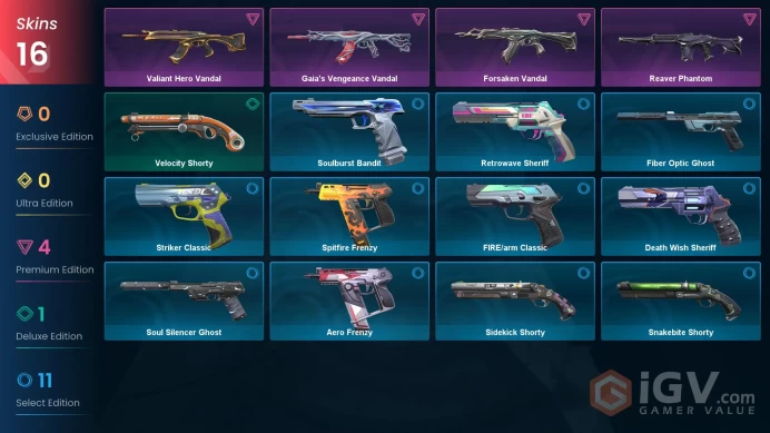 AP | 16 skins | Valiant Hero Vandal | Forsaken Vandal | Reaver Phantom | Gaia's Vengeance Vandal | Velocity Shorty | Retrowave Sheriff | S8850