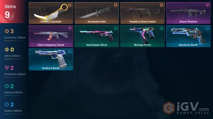 EU | 9 skins | Xenohunter Knife | Prime//2.0 Karambit | Prelude to Chaos Vandal | Reaver Phantom | Gaia's Vengeance Vandal | E1133