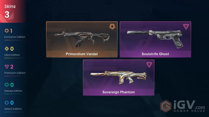 EU | 3 skins | Primordium Vandal | Sovereign Phantom | Soulstrife Ghost | Z5995