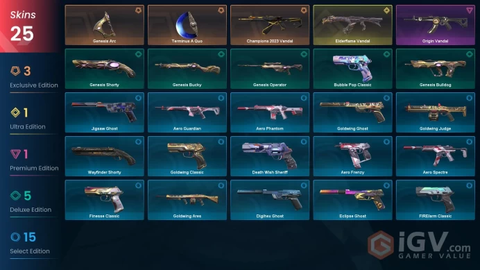 EU / 25 Skins / Champions 2023 Vandal / Elderflame Vandal / Origin Vandal / Terminus A Quo / V103