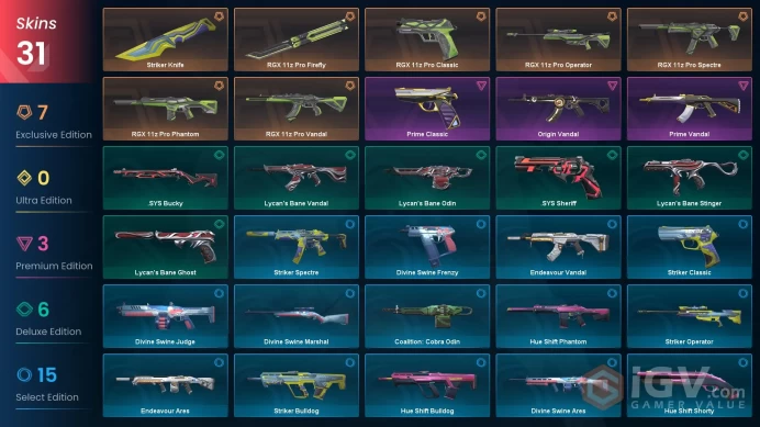 EU / 31 Skins / RGX 11z Pro Vandal + Classic + Spectre + Operator + Firefly + Phantom / Prime Vandal / V105