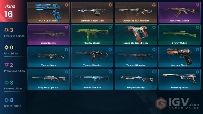 EU / 16 Skins / Champions 2024 Phantom / XERØFANG Vandal / Sentinels of Light Odin / V106
