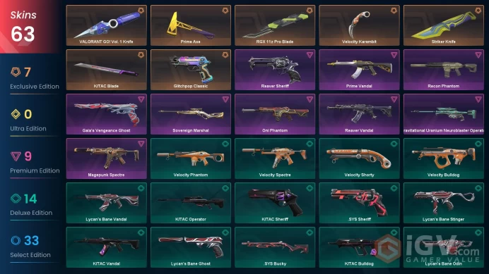 EU /.63 Skins / Reaver + Prime Vandal / Velocity Karambit / RGX 11z Pro Blade / VALORANT GO! Vol. 1 Knife / V107