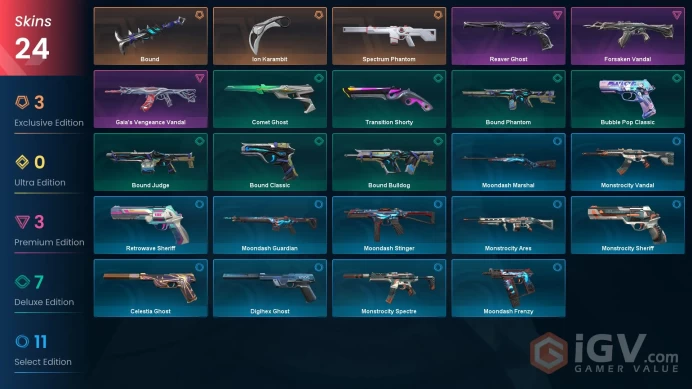 EU / 24 Skins / Ion Karambit / Gaia's Vengeance Vandal / Forsaken Vandal / V108