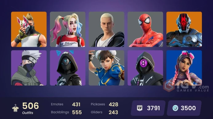 [PC/PSN/XBOX] 478 skins | Laugh It Up | Orange Justice| Naruto Uzumaki | Cloud Striker | Harley Quinn | 3500 VB