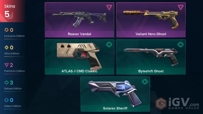 EU 5 skins | Reaver Vandal | Valiant Hero Ghost | Solarex Sheriff | ATLAS // CMD Classic | Byteshift Ghost | V0515