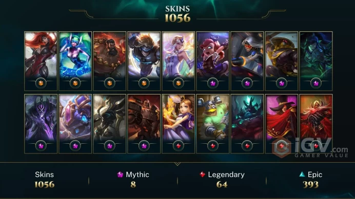 EUW EMAIL CHANGEABLE 1056 SKINS 8 mythic  PAX JAX PAX SIVIR TRIUMPHANT RYZE  RIOT SQUAD SINGED Last Play 2023 Rare icons 142KBE 657 ICON
