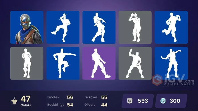 47 skins/full access/blue squire/take the l/royale knight/mako/battle bus banner/bruno mars/hatsuno miko/carbide