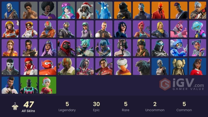 47 skins/full access/blue squire/take the l/royale knight/mako/battle bus banner/bruno mars/hatsuno miko/carbide
