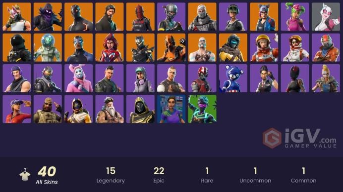 40 skins/full access/the reaeper/take the l/rambunctious/freestylin/elite agent/trailblazer/omega/vertex/carbide