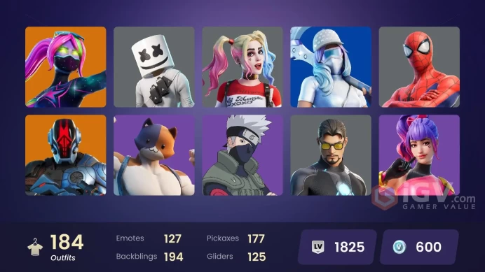 184 skins/full access/naruto/major glory/rare emotes/tart tacoon/frostbite/electry claw/poki/i;m aint afraid/spiderman goldweb