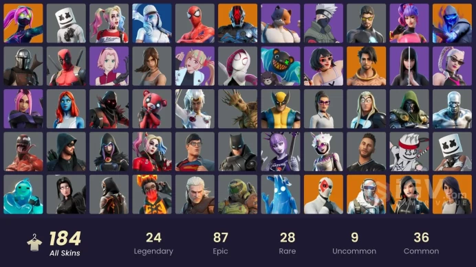 184 skins/full access/naruto/major glory/rare emotes/tart tacoon/frostbite/electry claw/poki/i;m aint afraid/spiderman goldweb