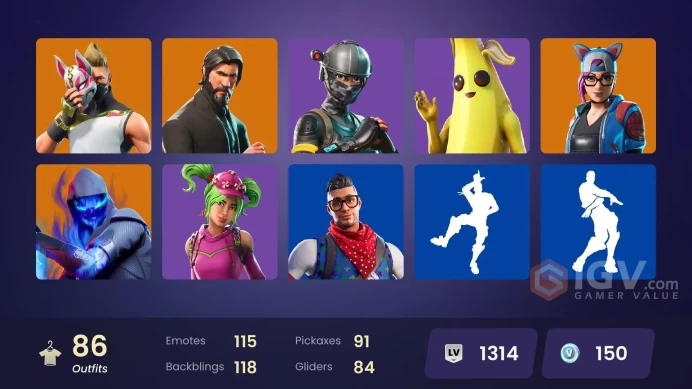 86 skins/full access/the reaper/take the l/f banner/battle bus banner/disco baller/drift stage 5/elite agent