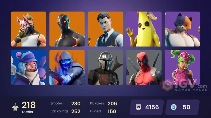 218 skins/full access/gold midas/gold brutus/carbide stage 5/omega/rare emotes/wingman/prodigy/rage/orange justice