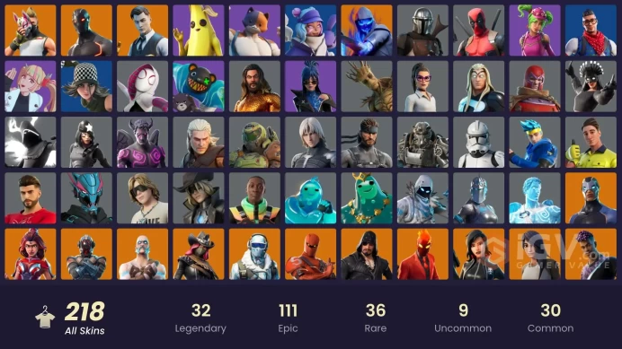 218 skins/full access/gold midas/gold brutus/carbide stage 5/omega/rare emotes/wingman/prodigy/rage/orange justice