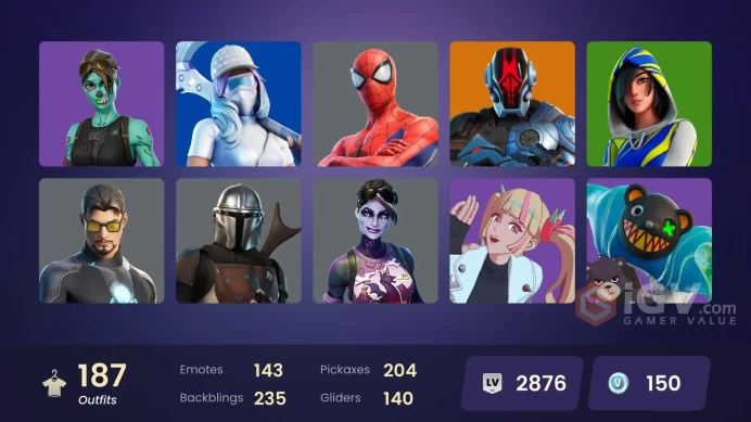 187 skins/full access/fncs  3 1 champion/championship jonesy/candy axe/bird call/in da party/ laught it up/snoop dog/