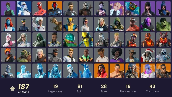 187 skins/full access/fncs  3 1 champion/championship jonesy/candy axe/bird call/in da party/ laught it up/snoop dog/