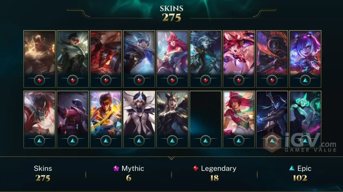 [D146] NA/EUW/OCE/JP/ 172 heroes / 275skins /  Instant Delivery/ Can change bound email and password/Can be transferred to any server