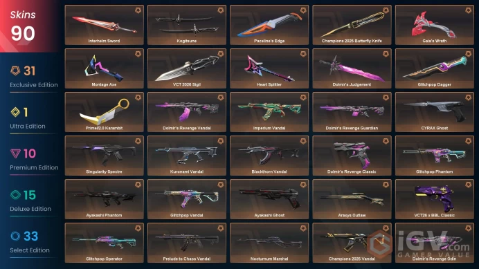 EU-Turkey 90 Skins > Champions 2025 Vandal VCT 2026 Sigil Kogitsune Ayakashi Phantom Kuronami Vandal Blackthorn Vandal Primordium Ph  99055749