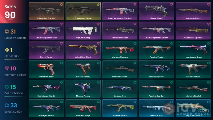 EU-Turkey 90 Skins > Champions 2025 Vandal VCT 2026 Sigil Kogitsune Ayakashi Phantom Kuronami Vandal Blackthorn Vandal Primordium Ph  99055749