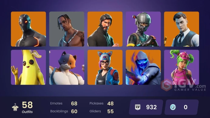 57 skins/full access/travis scott/the reaper/take the l/gold midas/elite agent/carbide stage 5/rare emotes