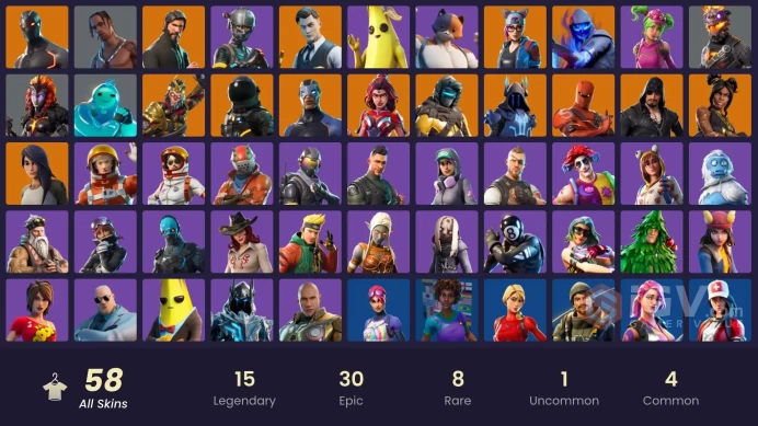 57 skins/full access/travis scott/the reaper/take the l/gold midas/elite agent/carbide stage 5/rare emotes