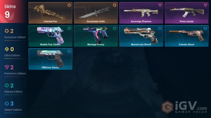 EU | VP 363 | LVL 114 | Celestial Fan | Xenohunter Knife | Sovereign Phantom | Prime Vandal | Montage Frenzy | Bubble Pop Classic | Cele | V0566