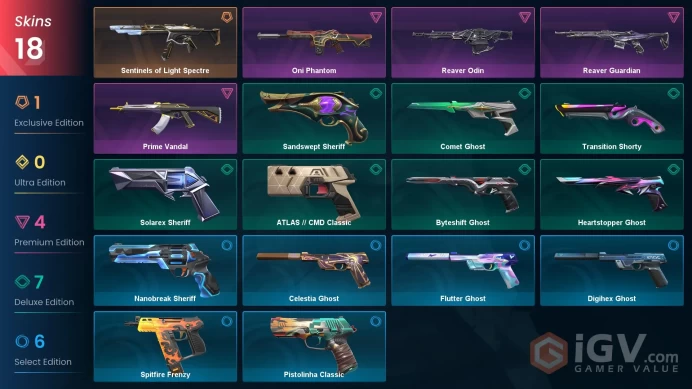 EU\TUR | 180 VP | 18 skins | Sentinels of Light Spectre | Oni Phantom | Prime Vandal | Reaver Odin | Reaver Guardian | V0150