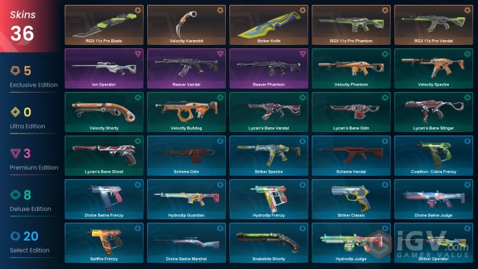 EU | VP 0 | LVL 127 | Striker Knife | Velocity Karambit | RGX 11z Pro Vandal | RGX 11z Pro Blade | RGX 11z Pro Phantom | Reaver Vandal | | V0265