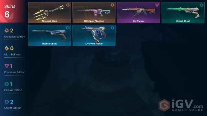 [NA] 6 SKINS | 1 KNIFE |  Titanmail Mace  | Glitchpop Phantom |  Oni Vandal ~ 6,500 VP Inventory value